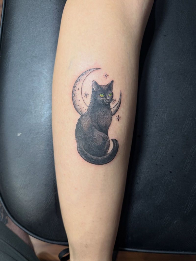 Black cat sitting on a crescent moon, fine line