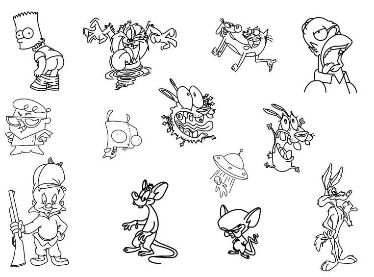 Flash sheet of classic 80s and 90s cartoon characters in linework