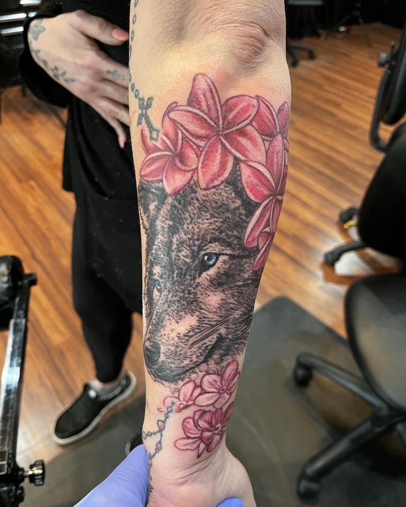 Wolf with pink plumeria flowers by Ken