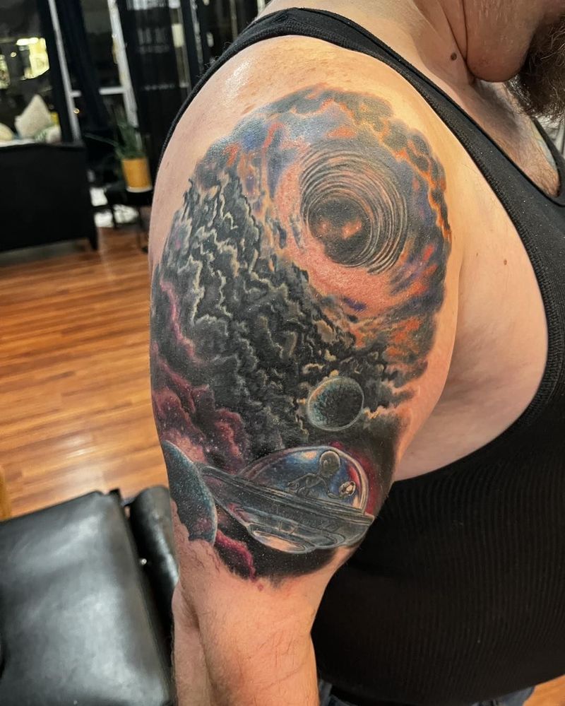 Cosmic space scene with a UFO on a shoulder, color