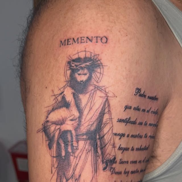 Fine line Jesus with a lamb and a prayer in script