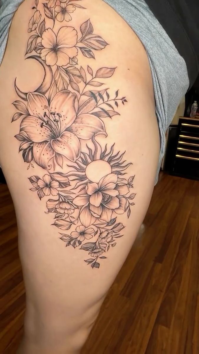 Fine line sun, moon and flowers by Raina